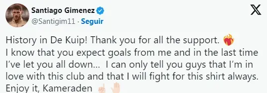 Mensaje a la afición por parte de Santiago Giménez