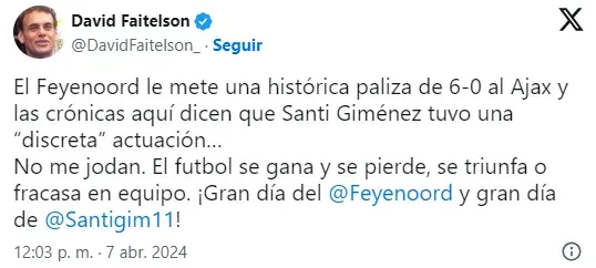 Publicación de David Faitelson en X