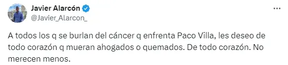 Publicación de Javier Alarcón en su cuenta de X