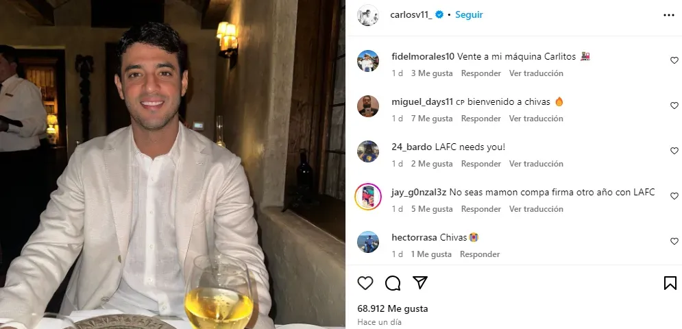 Última publicación de Carlos Vela en redes sociales