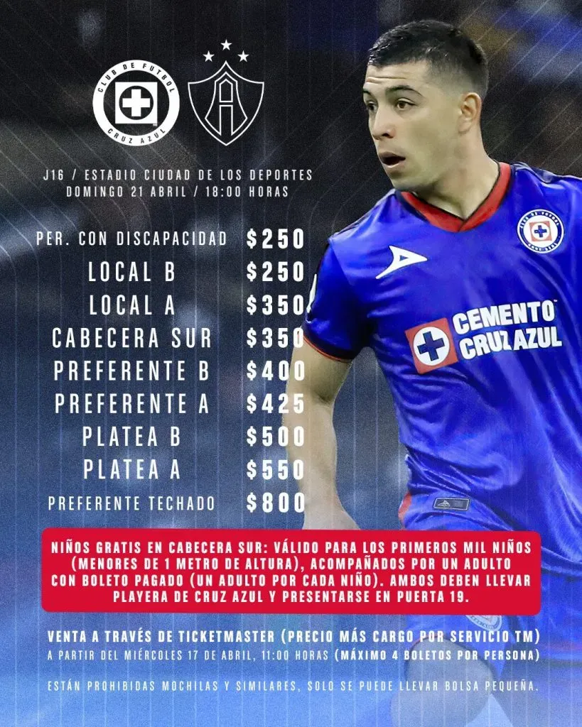 Precios de los boletos del partido de Cruz Azul (Cruz Azul)