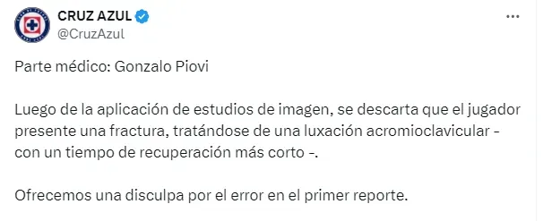 Publicación de Cruz Azul rectificando