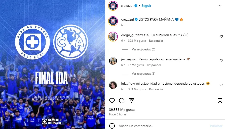 La publicación de Cruz Azul a las 3:33 pm