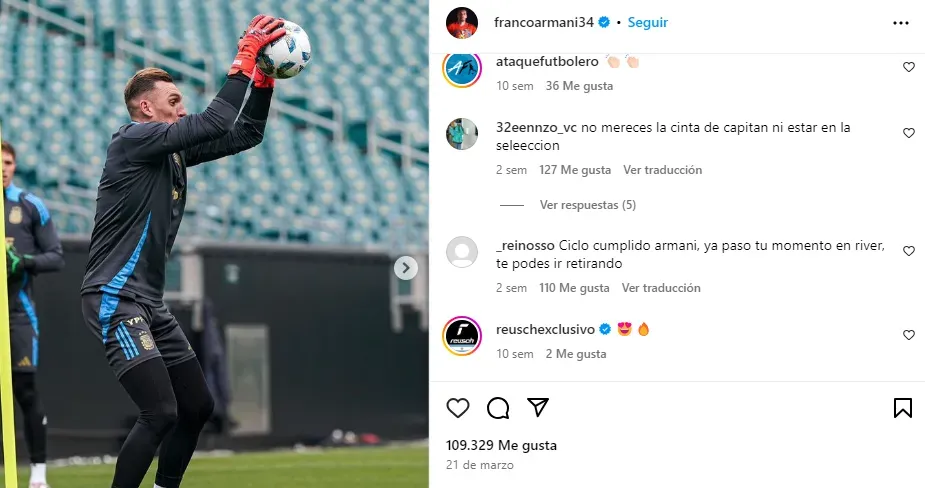 Última publicación de Armani en IG