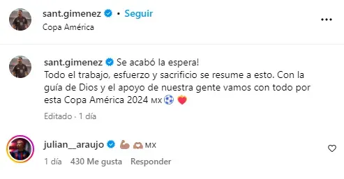 Comentario de Julián Araujo en Instagram (IG Santi Giménez)