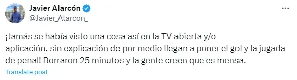 Mensaje en redes de Javier Alarcón