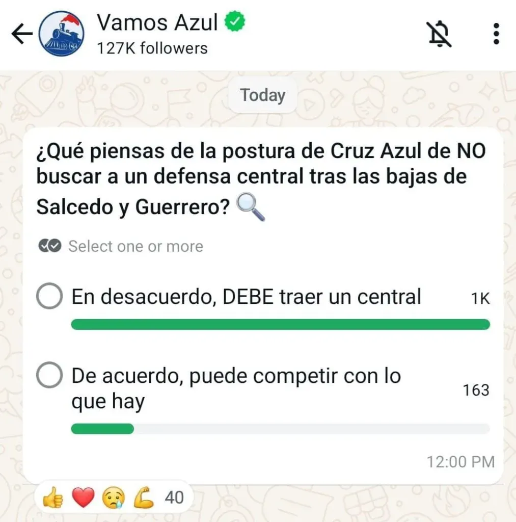 Afición de Cruz Azul quiere a un refuerzo más en la central. (Encuesta Vamos Azul en WhastApp)