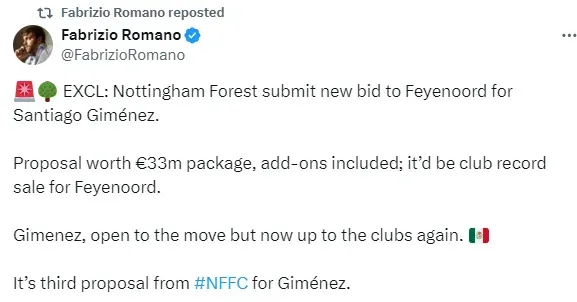 Publicación de Fabrizio Romano