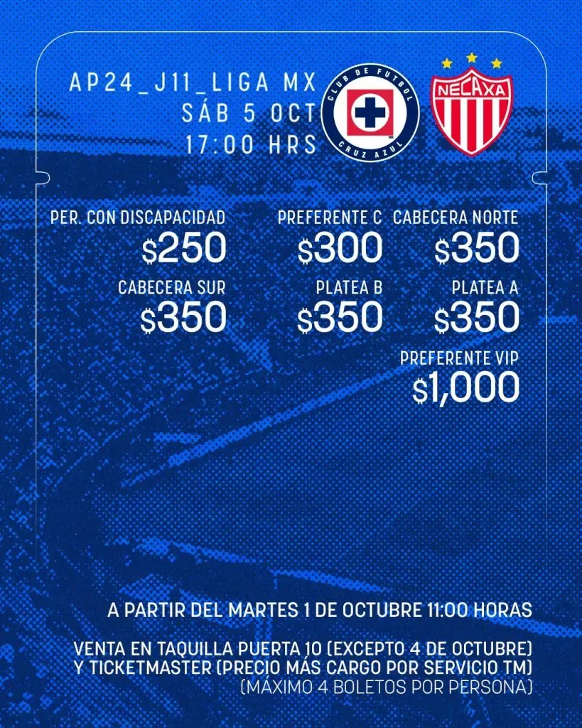Así es la venta general de boletos para Cruz Azul vs. Necaxa. (@CruzAzul)
