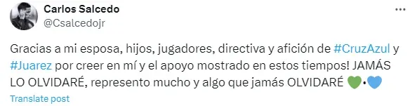 Publicación de Salcedo en X