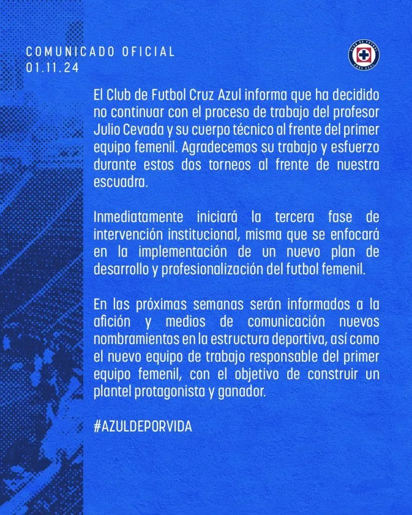 Cruz Azul femenil despide a Julio Cevada como director técnicos y anuncia cambios estructurales. Lado.mx Cruz Azul femenil despide a Julio Cevada como director técnicos y anuncia cambios estructurales. Noticias en tiempo real