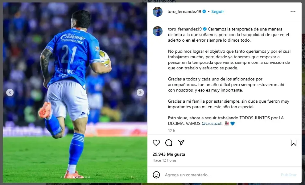 Toro Fernández se sinceró tras la eliminación de Cruz Azul (Instagram)
