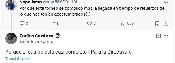 Respuesta de Carlos Córdova en X