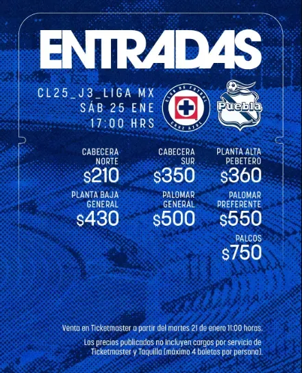 Precios de los boletos (Cruz Azul)
