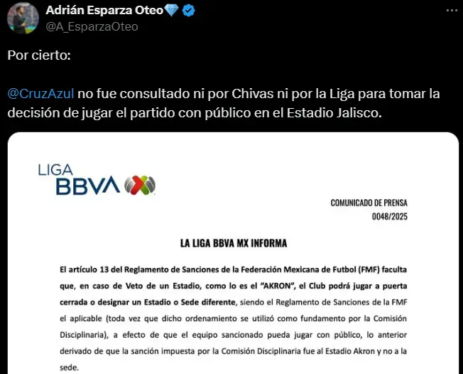 Cruz Azul fue “esquivado” por Chivas y la Liga MX. (@A_EsparzaOteo)