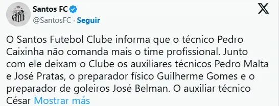 Publicación del Santos en redes sociales
