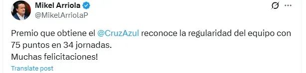 Tuit de Mikel Arriola (X)