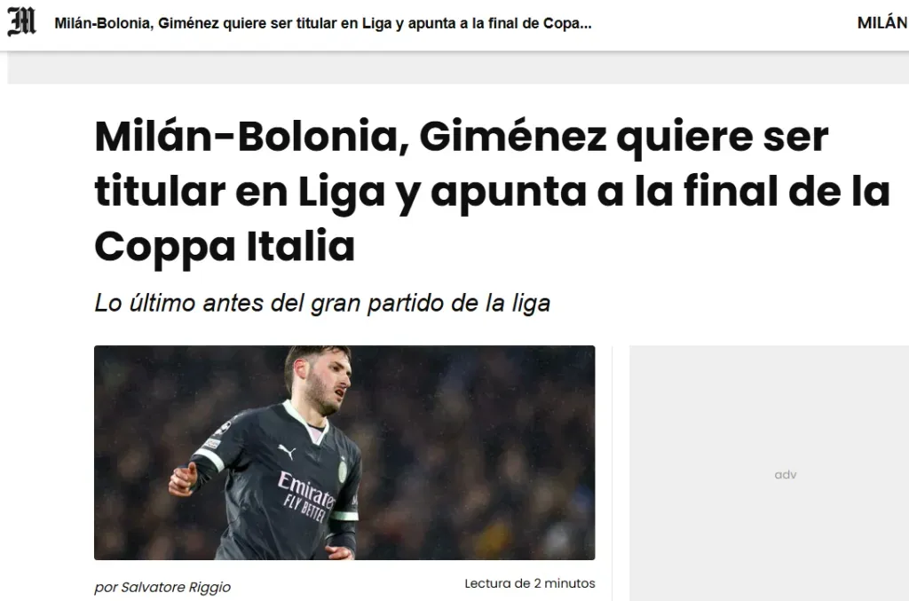 Prensa de Italia habla de Santiago Giménez como titular en Milan. (Captura Il Messaggero)