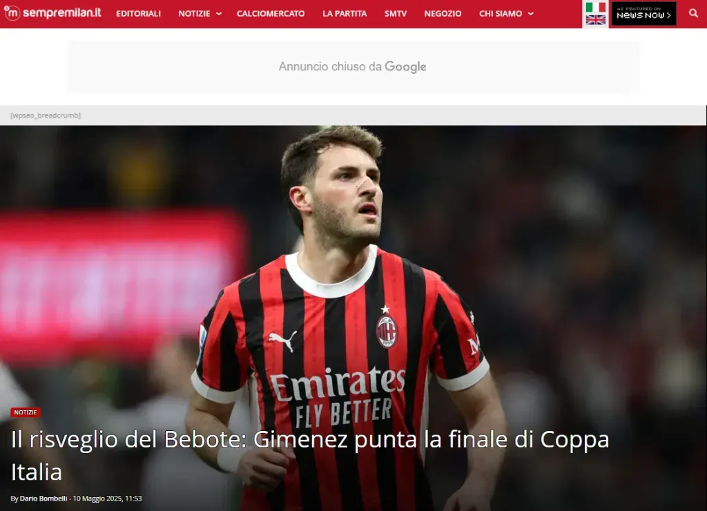 Captura Sempremilan.it del 10 de mayo.