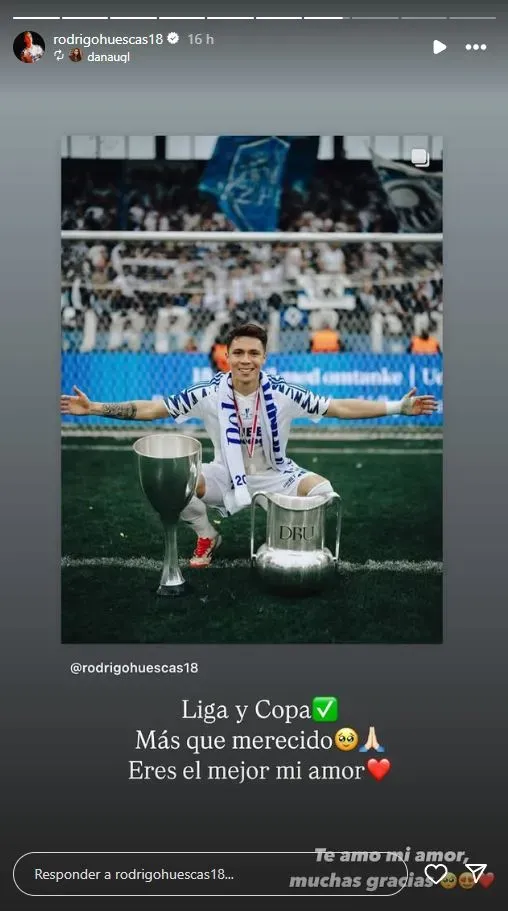 El emotivo mensaje de la novia de Rodrigo Huescas tras ganar el doblete (Instagram)