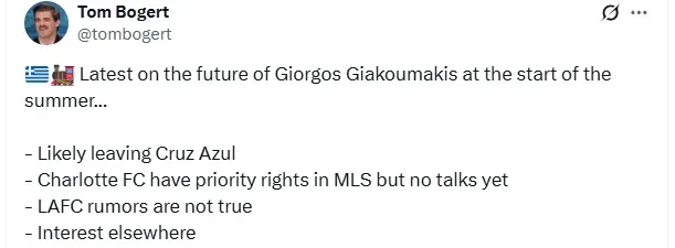 Desde Estados Unidos revelaron pistas sobre Giorgos Giakoumakis y su posible salida. (@tombogert)