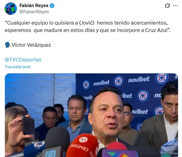 Publicación de Fabián Reyes en X