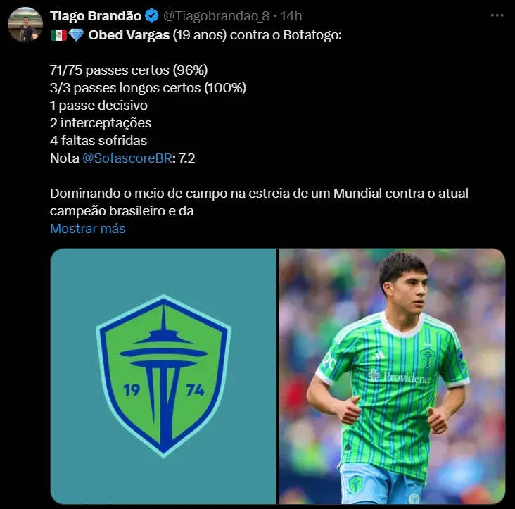 Las estadísticas de Obed Vargas en el primer juego de Seattle en el Mundial de Clubes. (X @TiagoBrandao_8)
