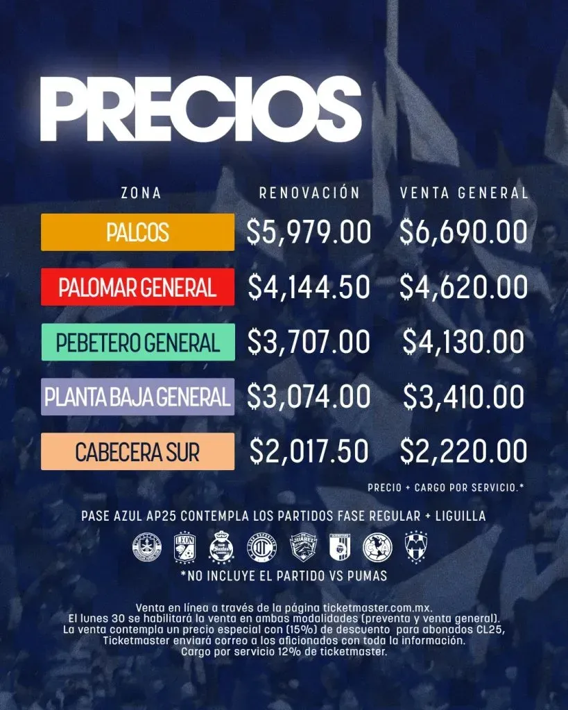 Anuncio de Cruz Azul sobre los precios del Pase Azul.