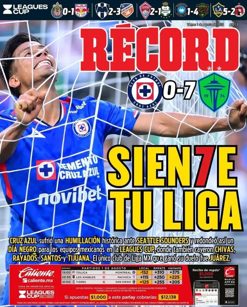 Portada de Récord sobre la humillación de Cruz Azul ante Seattle Sounders
