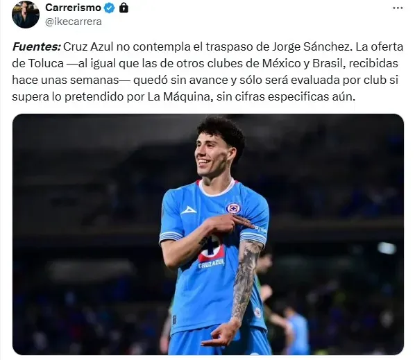 La postura de Cruz Azul ante el interés de Toluca en Jorge Sánchez (X)