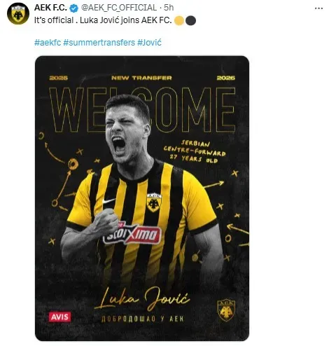 ¿Utilizó a Cruz Azul? Luka Jovic fue presentado en AEK Atenas (X)