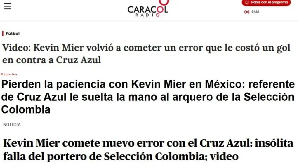 La reacción de la prensa colombiana a los errores de Kevin Mier (Impresión de pantalla)