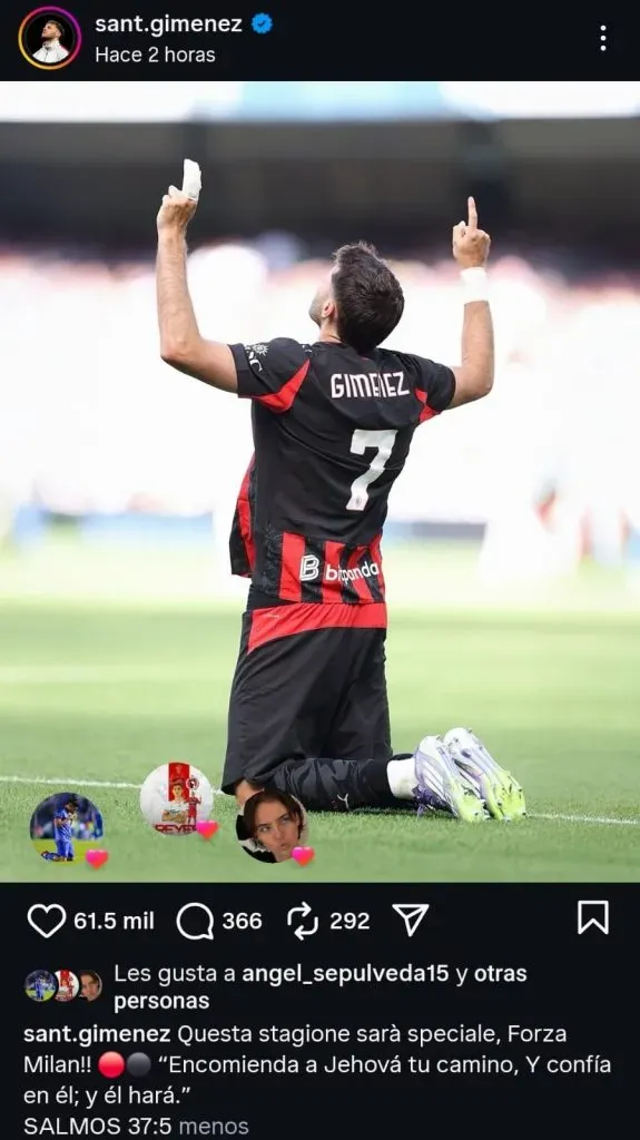 Última publicación de Santi Giménez tras el Milan – Chelsea. (@sant.gimenez)