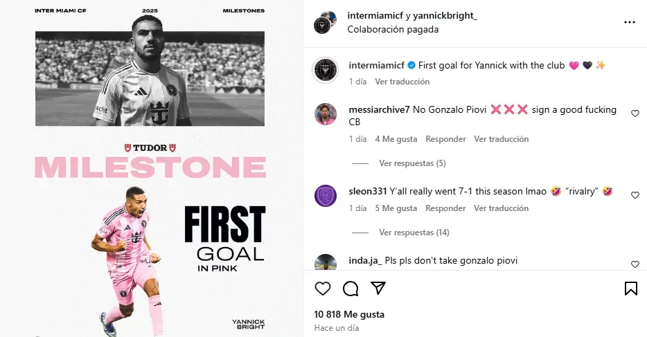 Publicación del Inter Miami en Instagram