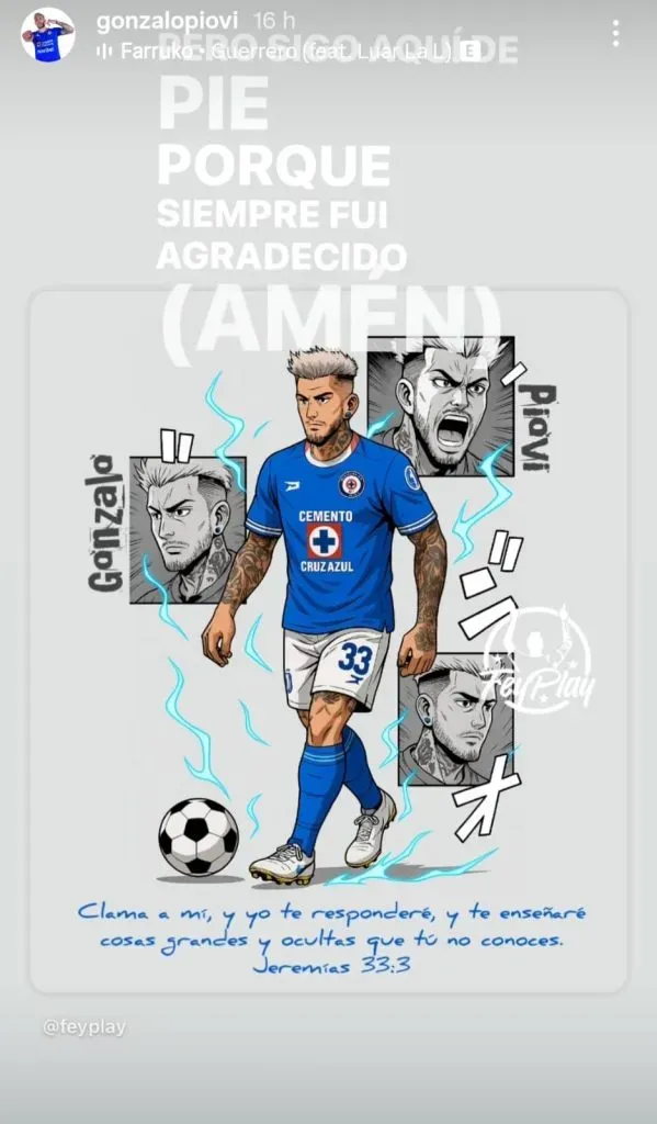 La última storie de Piovi con la camiseta de Cruz Azul. (@gonzalopiovi)