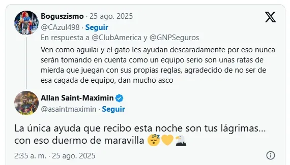 Respuesta del delantero a un aficionado por X