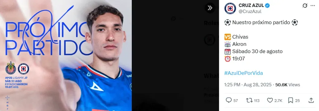 Publicación de Cruz Azul en redes sociales