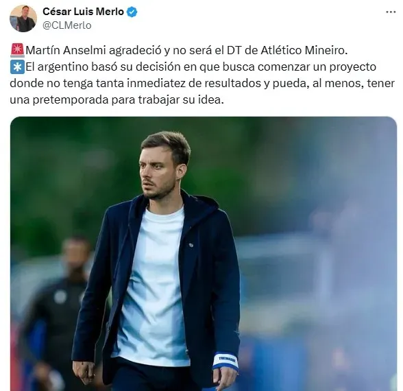 La decisión final de Martín Anselmi con Atlético Mineiro (X)