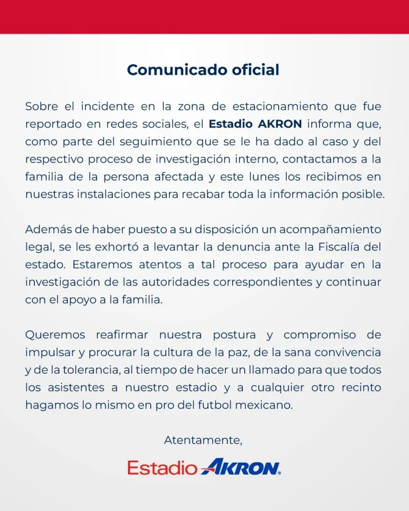 Comunicado del Estadio Akron sobre aficionado de Cruz Azul hospitalizado (Estadio Akron)