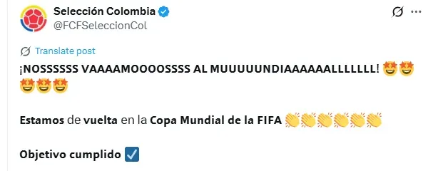 Tuit de la Selección Colombia