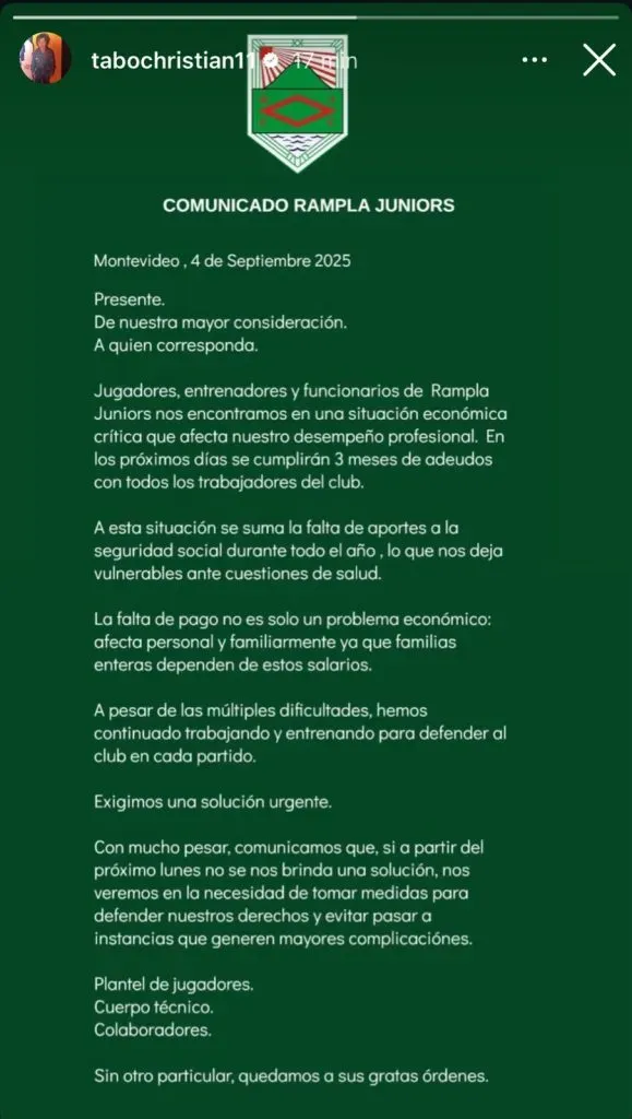 El comunicado de los futbolistas de Rampla Juniors. (Instagram @tabochristian11)
