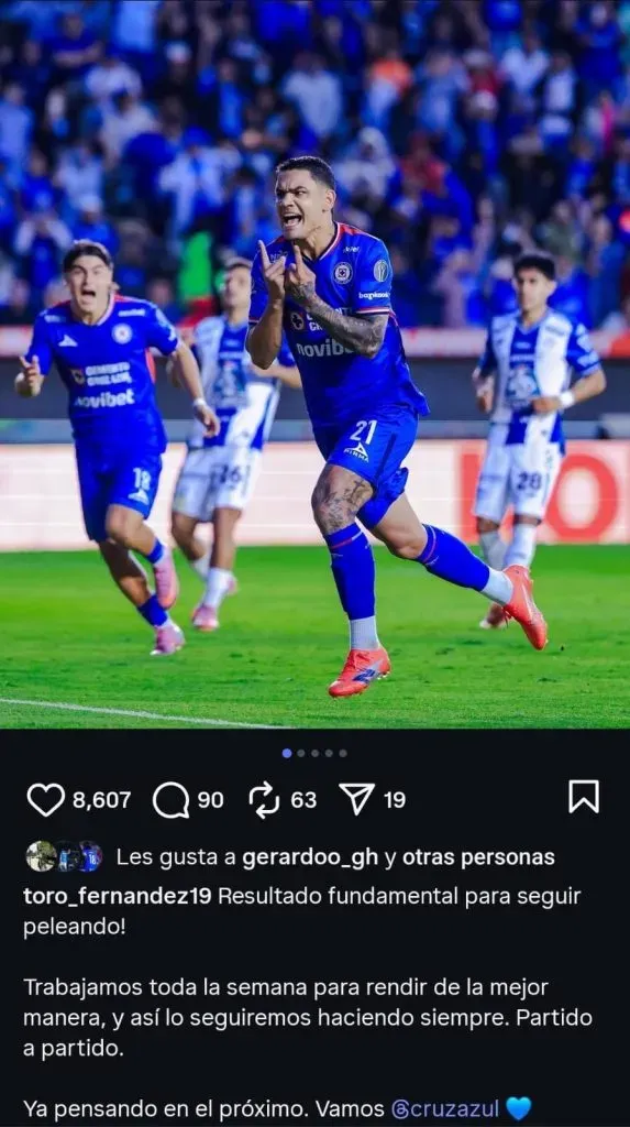 Publicación del Toro Fernández tras anotarle a Pachuca. (@toro_fernandez19)