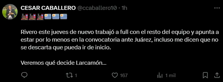 Novedades sobre Nacho Rivero de cara a FC Juárez. (@ccaballero10)