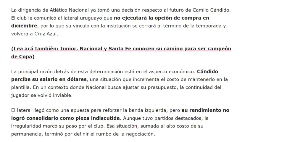 Atlético Nacional no compraría el pase de Camilo Cándido. (ElDeportivo.com.co)