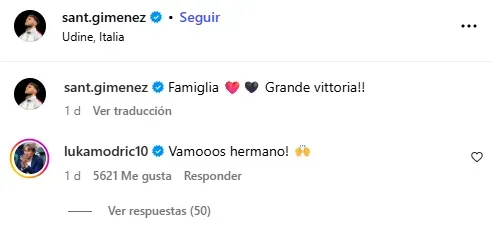 Comentario de Modric a Giménez en redes sociales