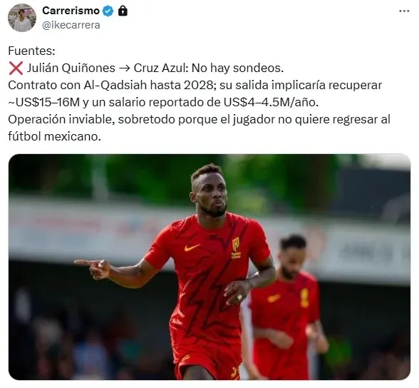 Las 3 razones que complican el fichaje de Julián Quiñones (X)