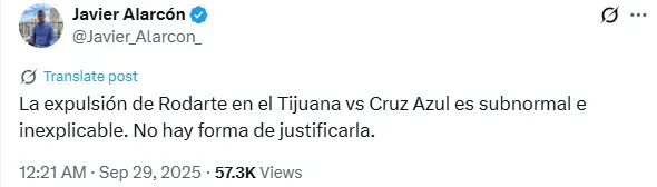 Publicación de Javier Alarcón en redes sociales