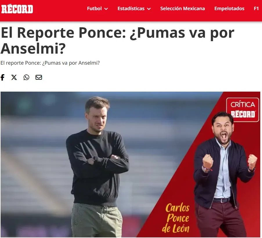 Según Récord, Anselmi es opción para Pumas UNAM.