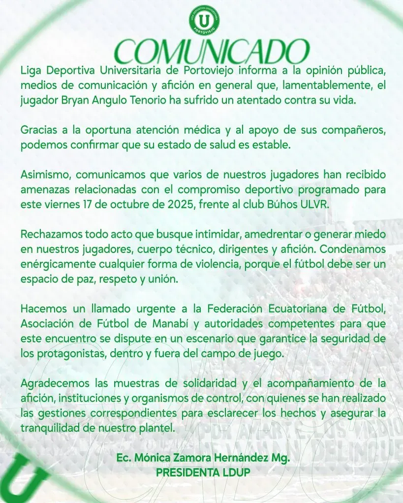 Comunicado de Liga de Portoviejo por la salud de Cuco Angulo, ex Cruz Azul.