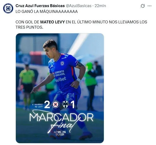 Cruz Azul Sub-21 venció a Monterrey con gol agónico de Mateo Levy (X)